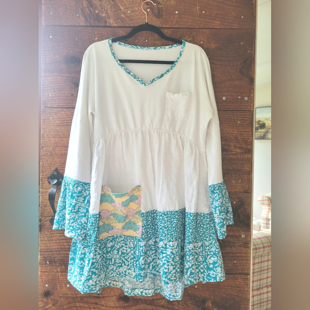 White and Blue, handmade Boho Tunic Top